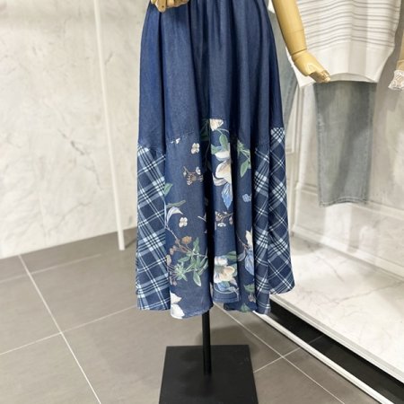배색 플라워 체크 청 스커트