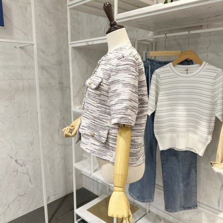 노카라 반팔 트위드자켓