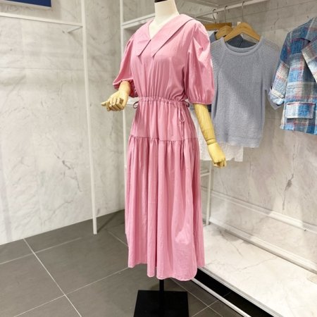 카라 퍼프 소매 스트링 원피스