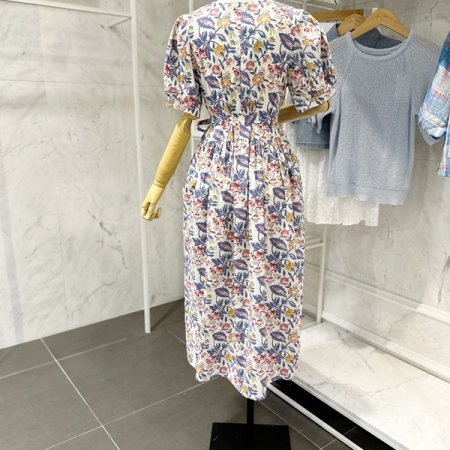 브이넥 퍼프소매 끈 원피스