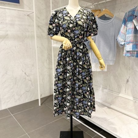 브이넥 퍼프소매 끈 원피스