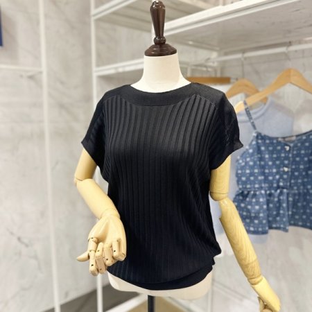 줄 패턴 캡소매 니트