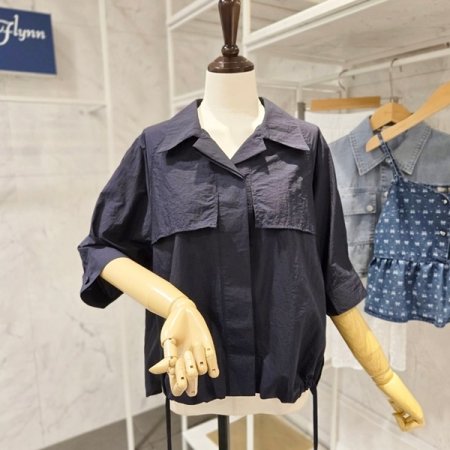 앞 스트링 언발 카라 셔츠