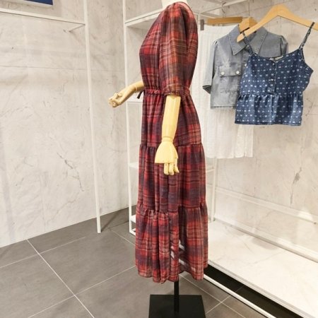 하프 버튼 체크 원피스