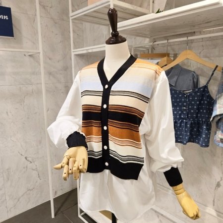 줄무늬 니트 배색 블라우스