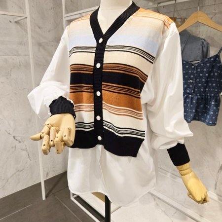 줄무늬 니트 배색 블라우스