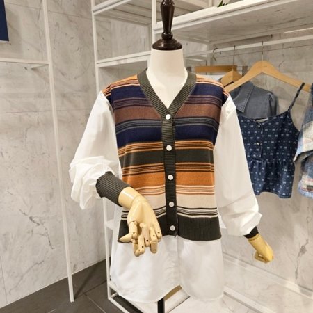 줄무늬 니트 배색 블라우스