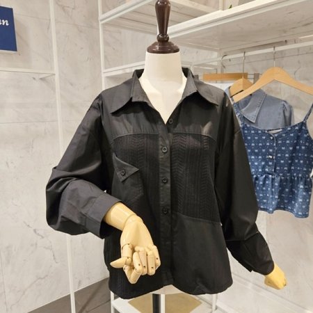 스트링 니트 배색 셔츠