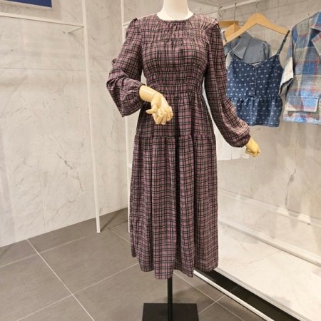 긴팔 셔링 체크 원피스