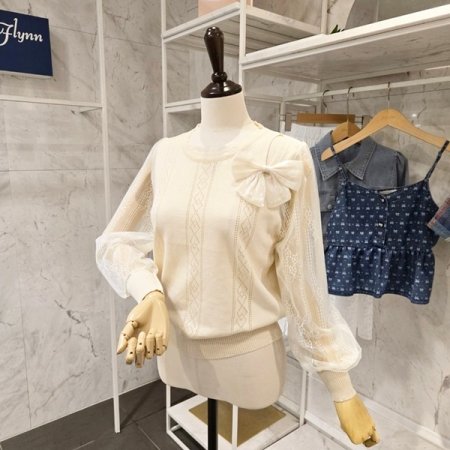 레이스소매 리본장식 니트