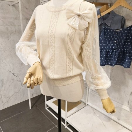 레이스소매 리본장식 니트