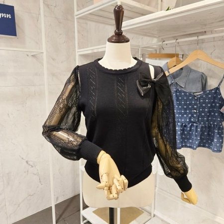 레이스소매 리본장식 니트