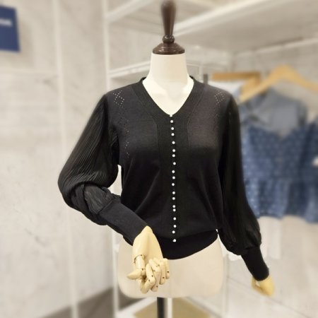 진주장식 주름 소매 니트