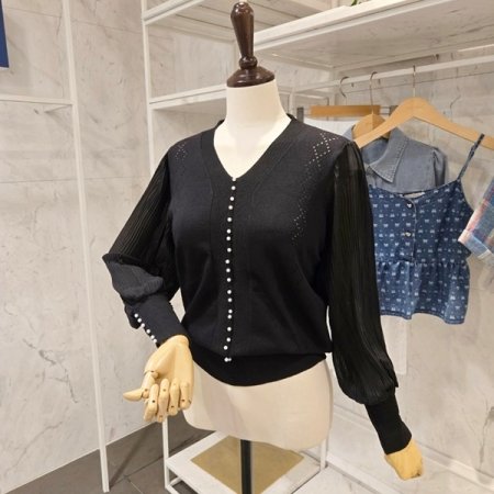 진주장식 주름 소매 니트