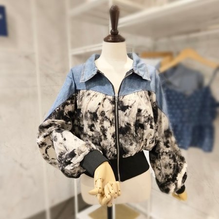 프린트 데님 배색 점퍼