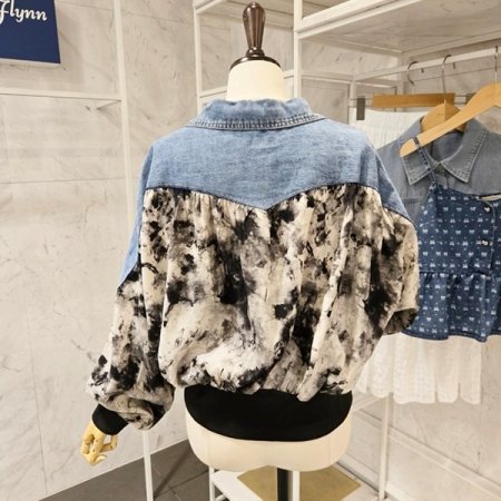 프린트 데님 배색 점퍼