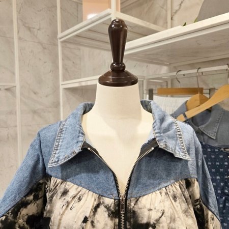 프린트 데님 배색 점퍼