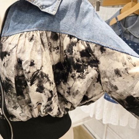 프린트 데님 배색 점퍼