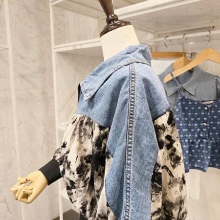 프린트 데님 배색 점퍼