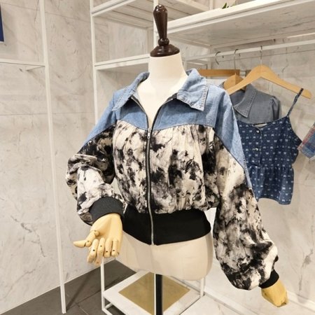 프린트 데님 배색 점퍼