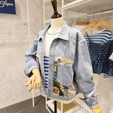 플로럴 배색 데님 자켓