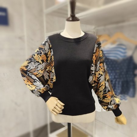 프린트 배색 가오리 니트