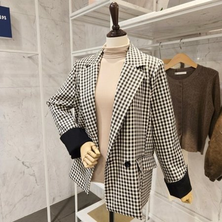 배색 체크 카라 자켓