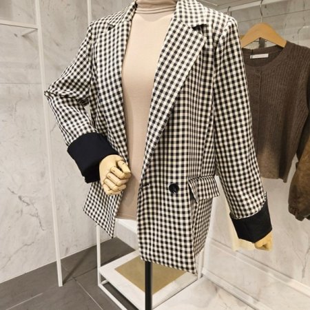 배색 체크 카라 자켓