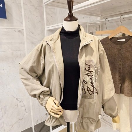 레터링 배색 스트링 야상점퍼