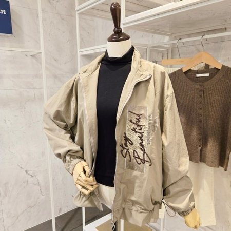 레터링 배색 스트링 야상점퍼