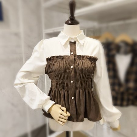 코듀로이 배색 셔링 블라우스