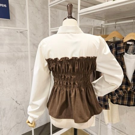 코듀로이 배색 셔링 블라우스