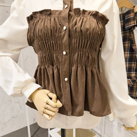 코듀로이 배색 셔링 블라우스