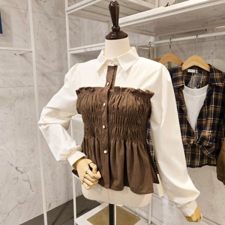 코듀로이 배색 셔링 블라우스