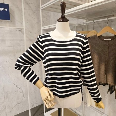 스트라이프 양 셔링 니트