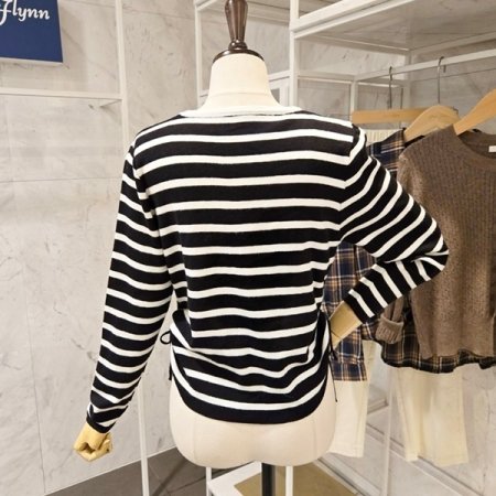 스트라이프 양 셔링 니트