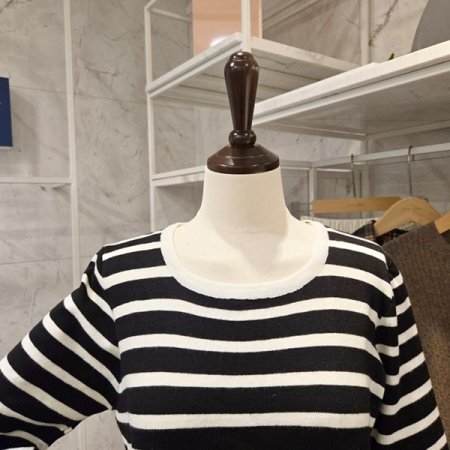 스트라이프 양 셔링 니트