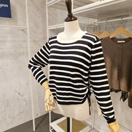 스트라이프 양 셔링 니트