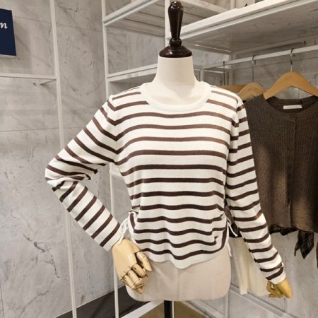 스트라이프 양 셔링 니트