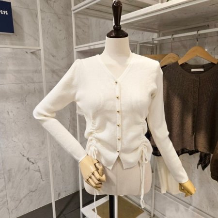 골지 양 셔링 브이넥 니트