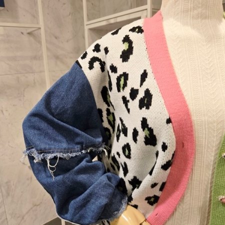 데님 소매 호피배색 가디건