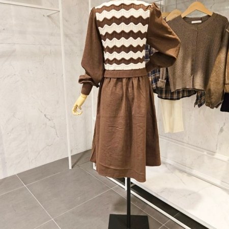 니트 배색 골덴 원피스