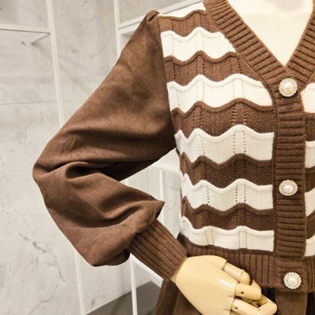 니트 배색 골덴 원피스