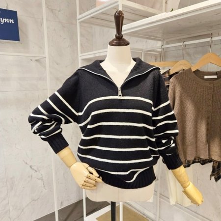 반집업 카라 스트라이프 니트