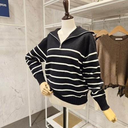 반집업 카라 스트라이프 니트
