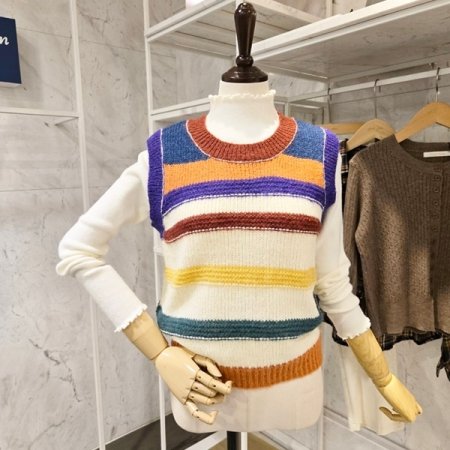 컬러 줄무늬 니트 조끼