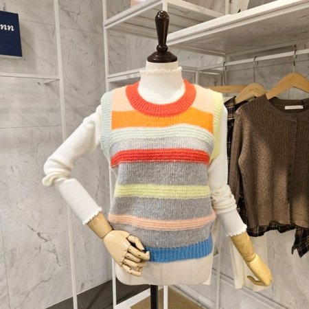 컬러 줄무늬 니트 조끼