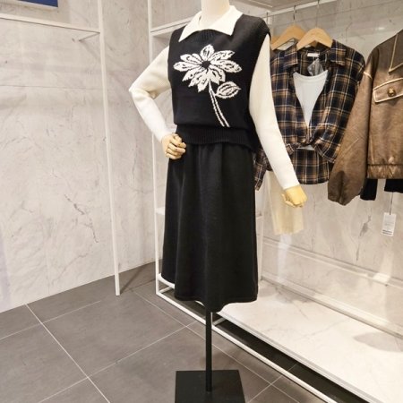 플라워 니트 조끼 원피스 세트