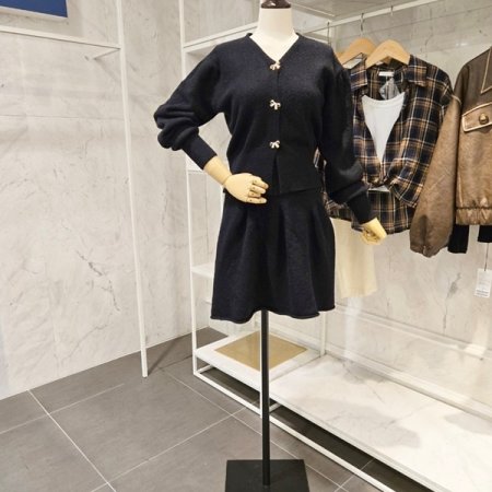 리본단추 가디건 스커트 세트