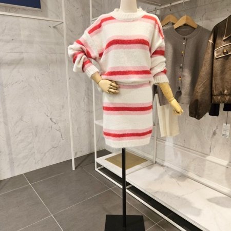 스트라이프 니트 스커트 세트